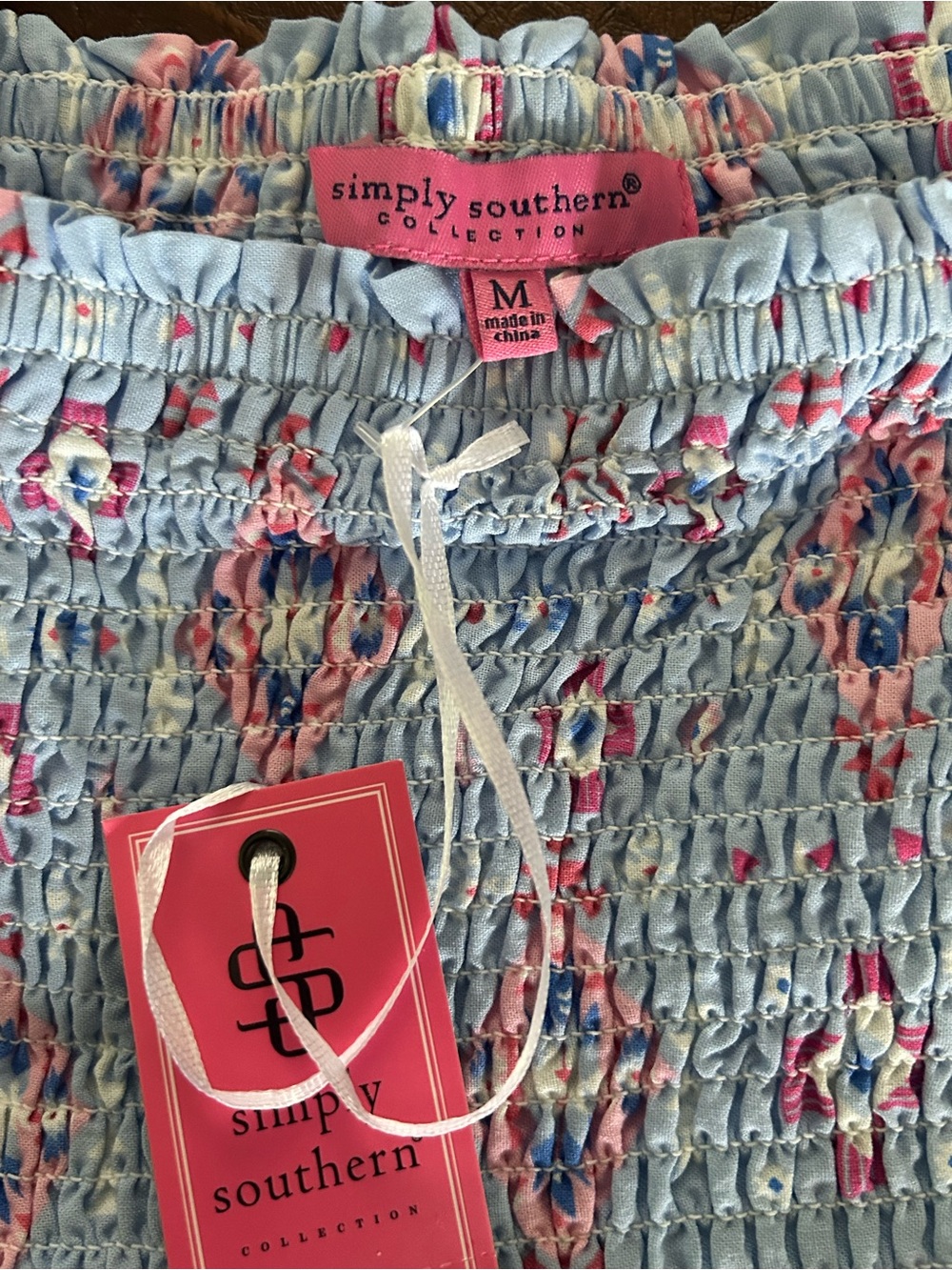 Simply Southern Smock Peplum Blouse Puff Sleeves Aztec Print Blue Pink NWT SZ M - Picture 9 of 13